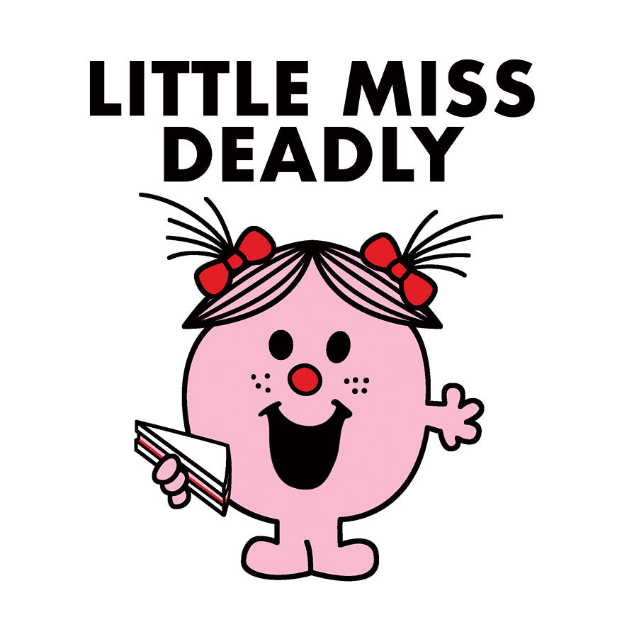 White card with Little Miss Deadly graphic