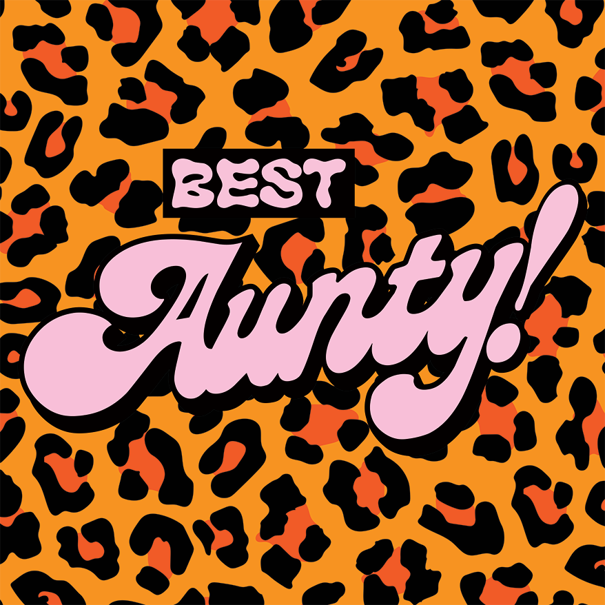 Leopard print background with Best Aunty graphic