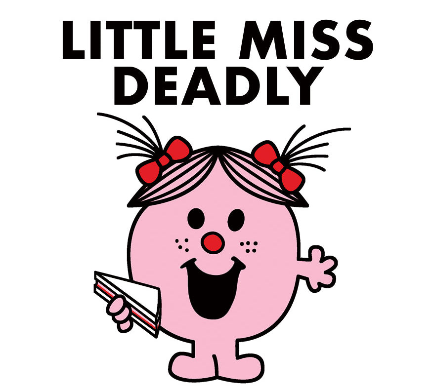 White card with Little Miss Deadly graphic